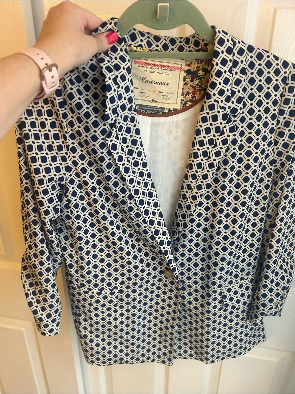 Anthropologie - Cartonnier Navy and White Geometric Pattern Blazer